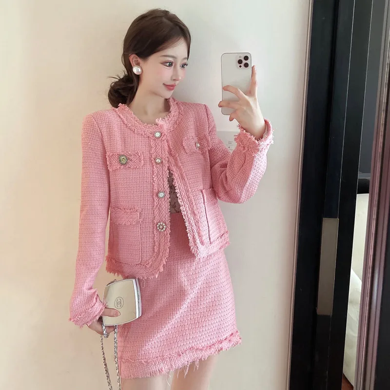 

2022 High-Quality Small Fragrant Tweed Suit Female Autumn O-Neck Long Sleeve Jacket Coat + A-line Mini Skirt Elegant 2 Piece Set