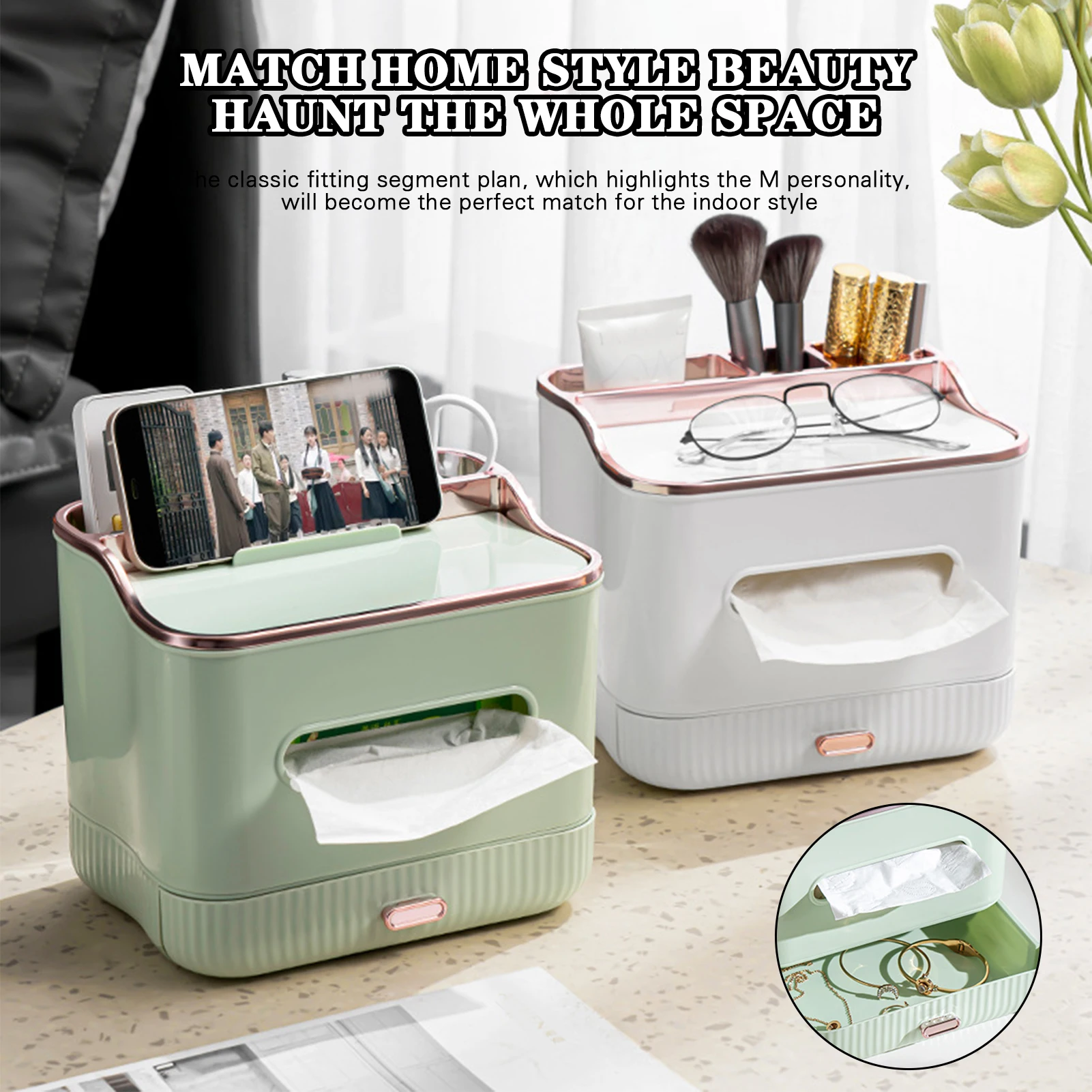

Multifunctional Tissue Box Holder With Drawer Cabinet Paper Storage Box Make Up Organizer For Home Living Room Modern Design