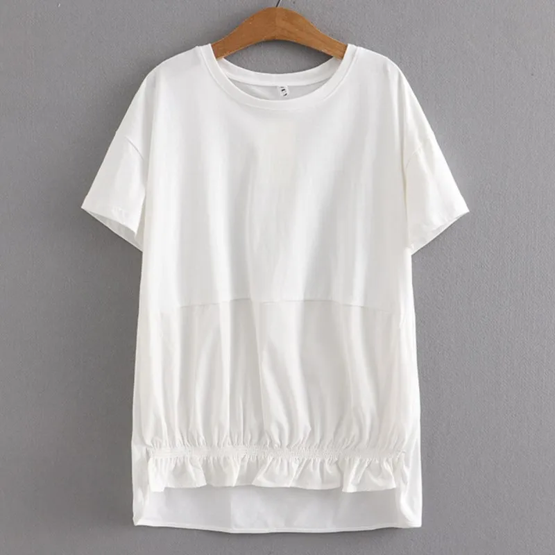 

Plus Size Women T-Shirt 2023 Summer Short Sleeve Cotton Splice Tops Loose Tees Oversized Curve Clothes L7-2331