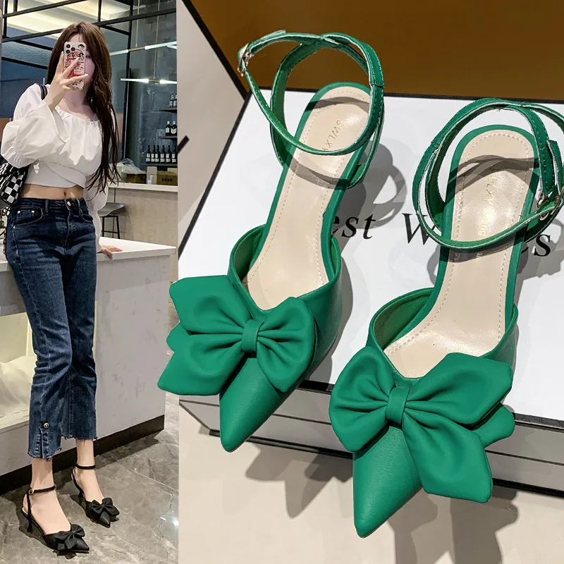 

new summer stiletto pointed bow with skirt line buckle high heels fashion