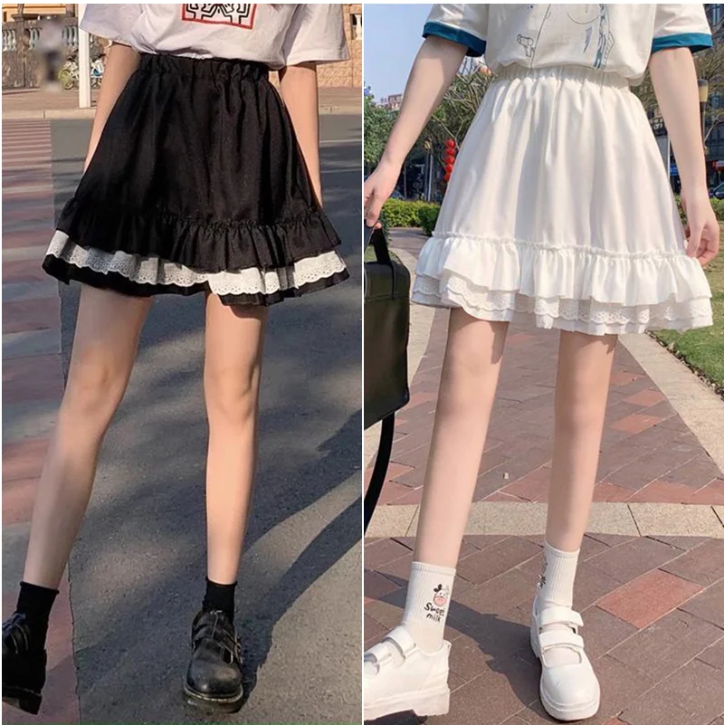 Goth Gothic Lace Ruffle Mini Skirts Womens Harajuku Fairy Grunge Black White Pleated Skirt Japanese New Lolita Streetwear