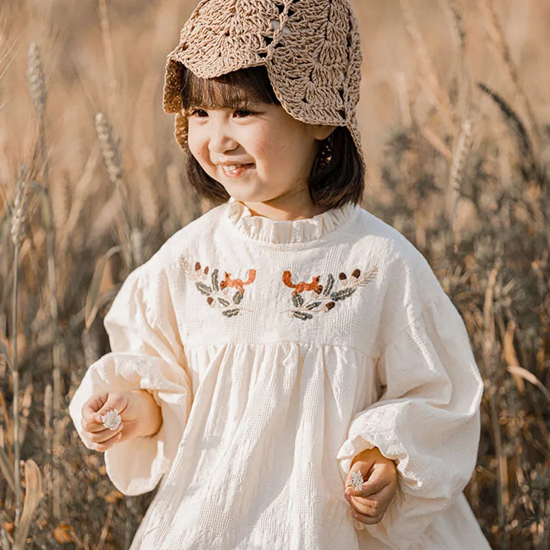 

Princess Dress Spring Girls Floral Embroidery Long Sleeve Dress Little Cotton Casual All-match Girl Clothes Children Clothes
