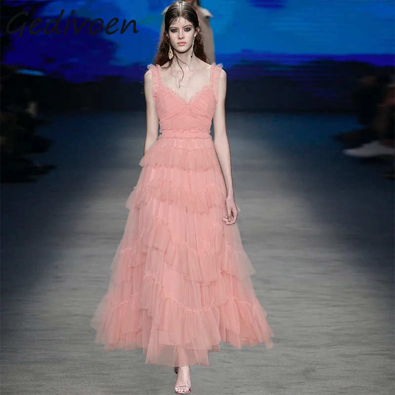 

Летнее модное дизайнерское винтажное длинное платье Gedivoen для женщин с V-образным вырезом, открытой спиной и оборками, праздничное платье с высокой талией и бретельками из искусственной сетки