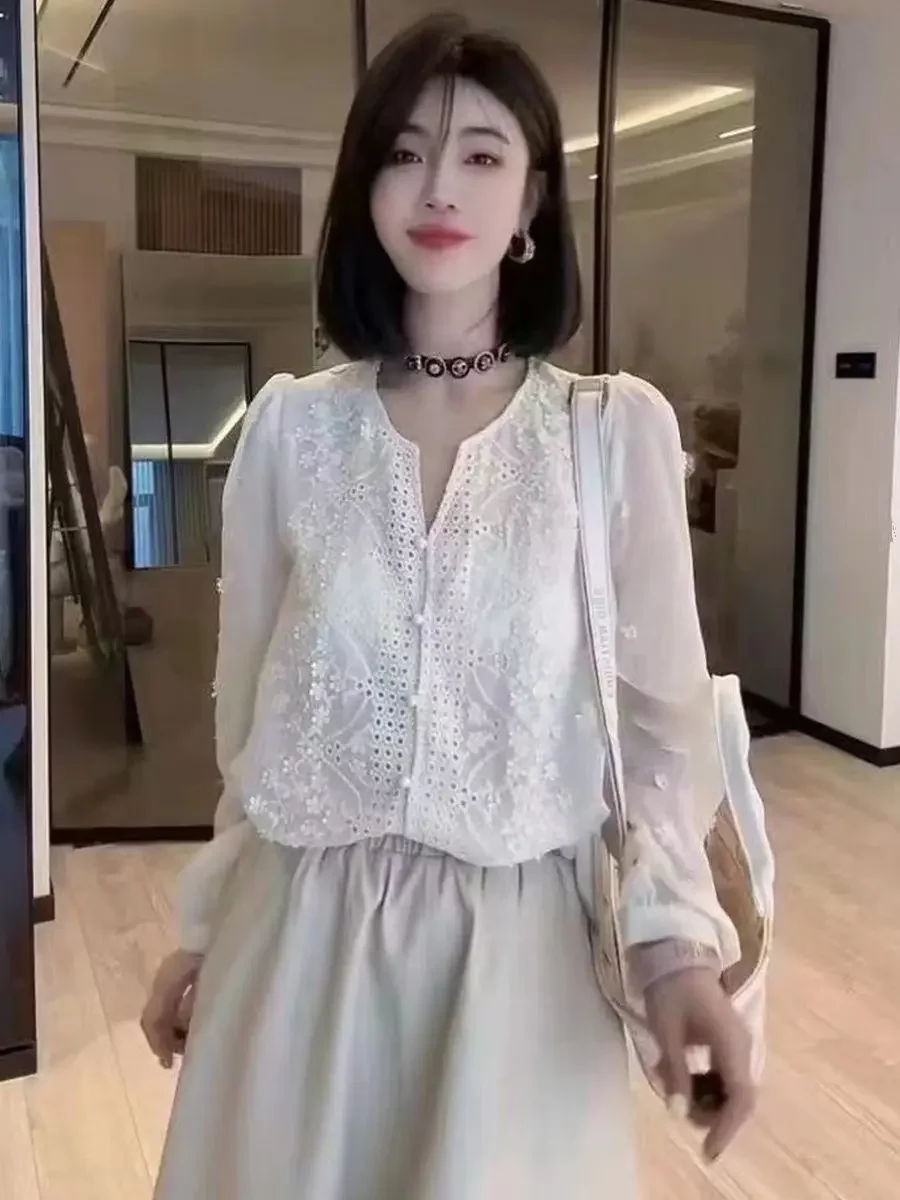 Французский ретро-дизайн нишевая кружевная рубашка с v-образным вырезом и