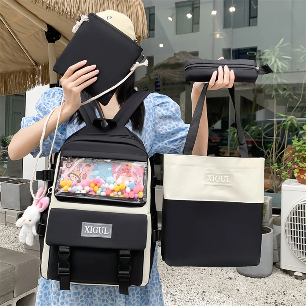 

4pcs Kawaii Backpacks for Middle High School Teenager Class Bookbag Rucksack Students Pencil Case Composite Set with Pendant