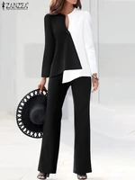 zanzea elegant women patchwork blouse pant sets fashion two piece sets urban tracksuit outifits asymmetrical top pantalon turnip