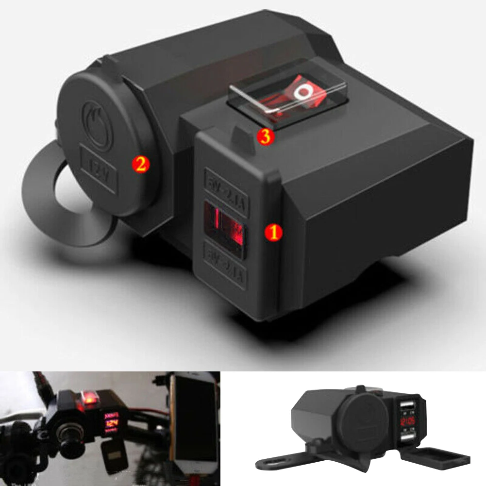 

12V/24V Dual USB Port Waterproof Motorbike Motorcycle Handlebar Charger Adapter Power Supply Socket Voltmeter Display