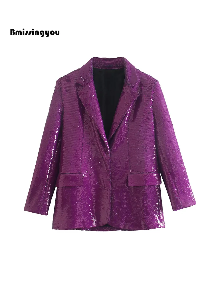 

Bmissingyou Purple Sequined Blazers for Women 2022 Autumn Long Sleeve Suit Jacket Sparkly Casual Female Outfit Chic Tops