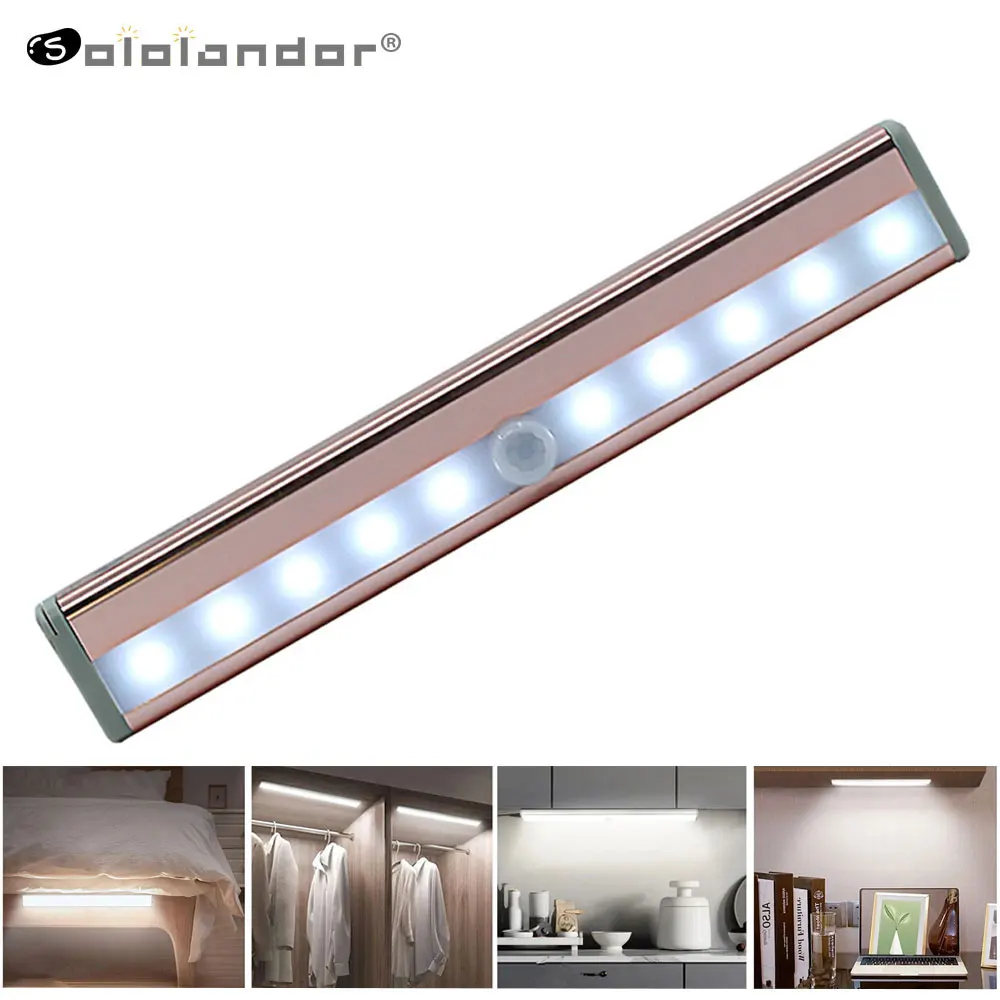 

Sololandor 10 LEDs PIR Motion Sensor Light Cupboard Wardrobe Bed Lamp LED Under Cabinet Night Light For Closet Stairs Kitchen