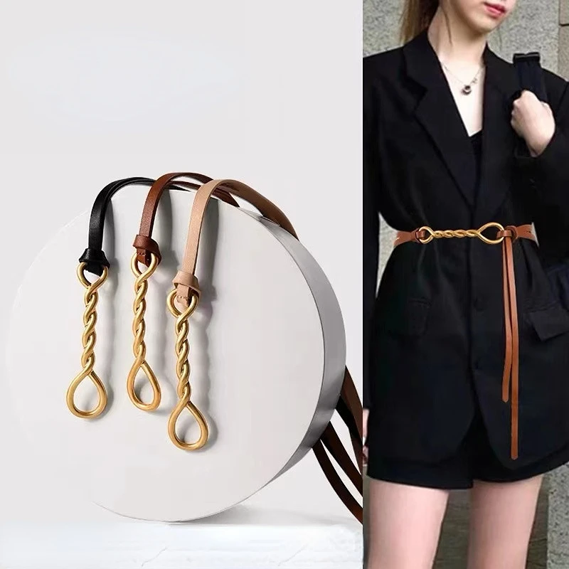 Women Genuine Leather Belt Solid Color Thin Skinny Waistband Metal Buckle Adjustable Belts For Lady Dress Strap