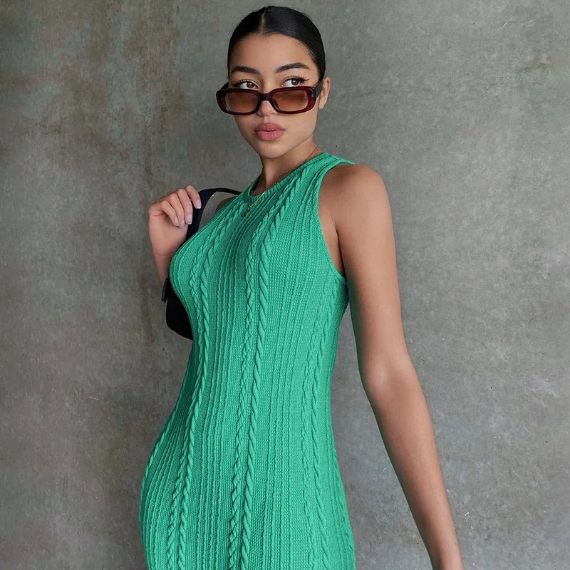 

New Summer Solid Color Knitted Sleeveless Round Neck Dress Women Outfits Streetwear Clubwear Casual Urban Bodycon Tank Dresses