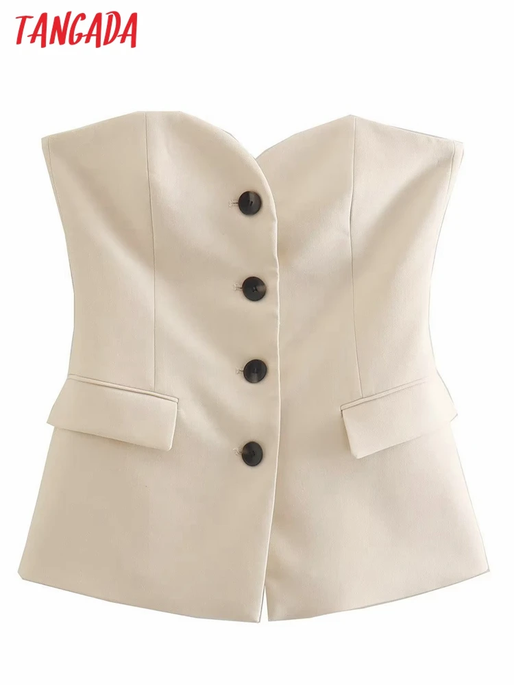 

Tangada Women 2022 Fashion Solid Female Off Shoulder Waistcoat Chic Tops 4M144