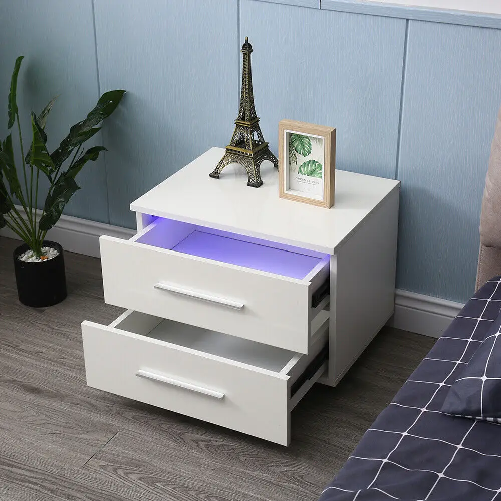 

Modern High Gloss Led Lighting Nightstand Bedside End Table Bedroom Magazine Book Cup Storage Bedside Cabinet With 2-Drawer