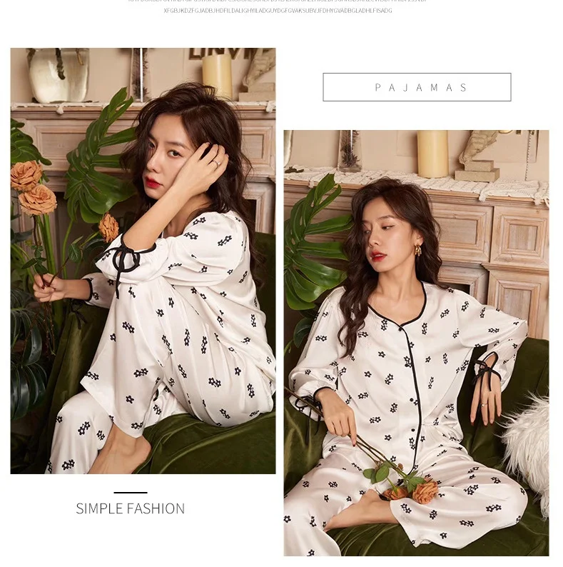 Pajamas women's new round neck bow cardigan imitation silk comfortable homewear suit ladies pajamas
