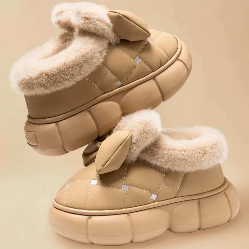 Модные домашние плюшевые тапочки с бантом женские зимние на платформе мягкой