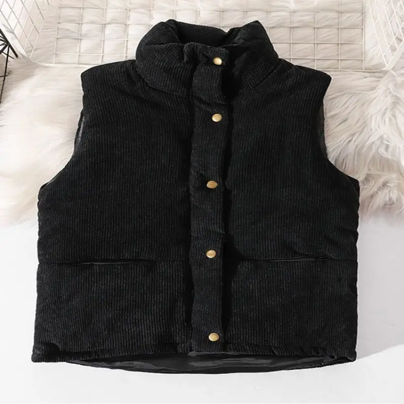 

JMPRS Simple Button Women Corduroy Vest Parkas Winter Thick Cotton Padded Single Breasted Sleeveless Coats All Match Clothes