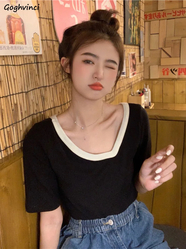 

Panelled Square Collar T-shirts Women Summer Fashion New Ins Preppy Style Simple All-match Basic Girlish Hot Sale Young Ulzzang