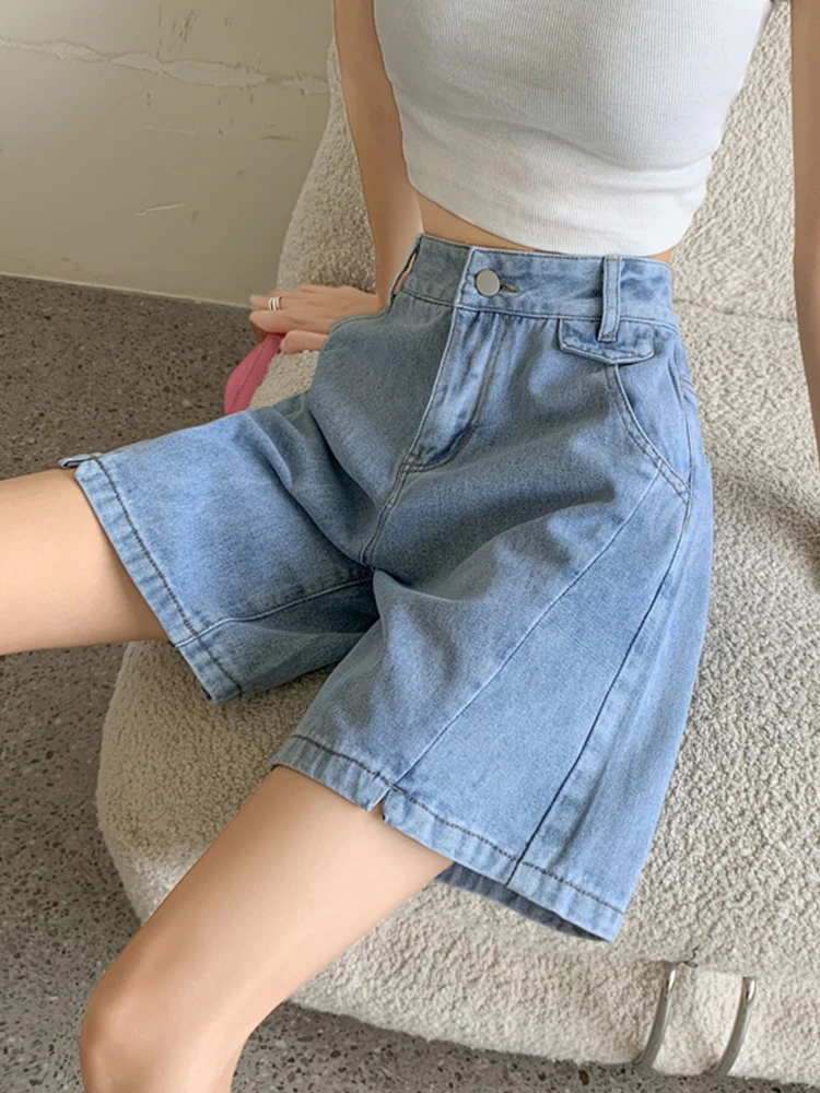 Casual Female Straight Loose Blue Denim Shorts Summer Women High Waist Wide Leg Button Retro Jeans Shorts Bottoms