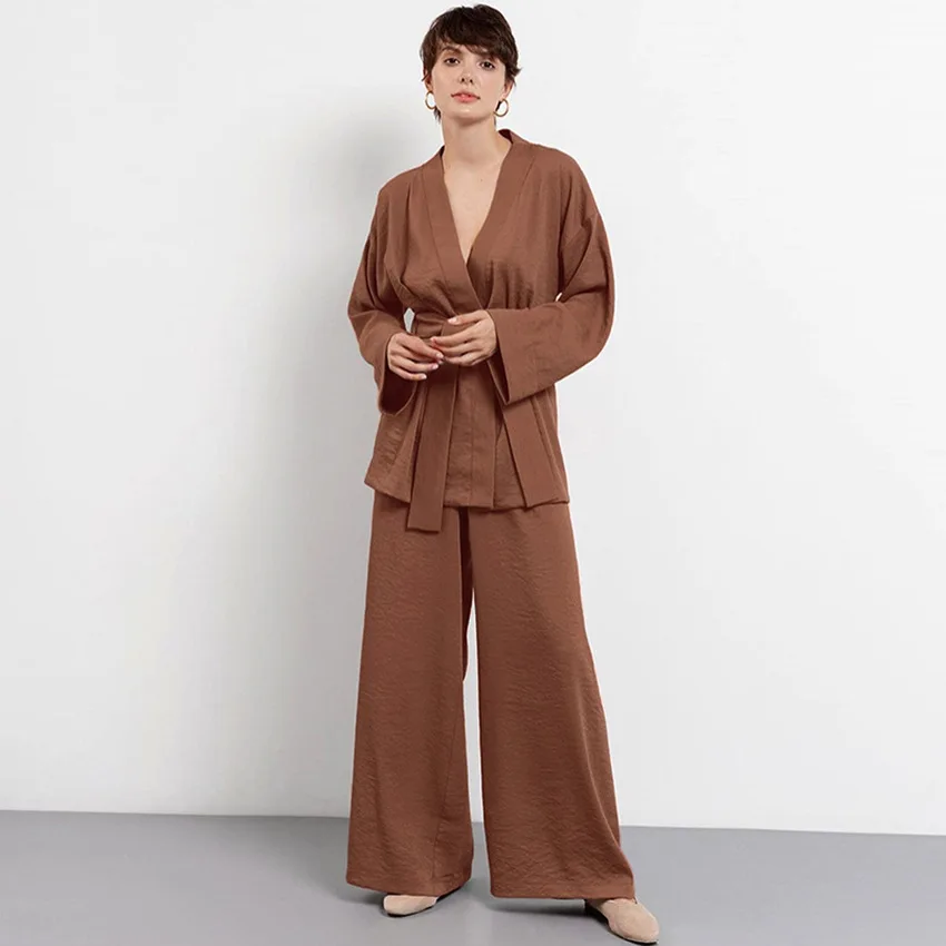 Long Sleeved Pajamas Set Cardigan Nightgown Robe Trousers Two Piece Set Loose Fashion Woman Leisure Wear New