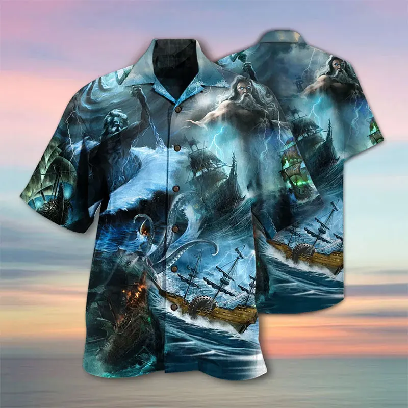 

Гавайская рубашка с коротким рукавом и отложным воротником, с принтом цунами