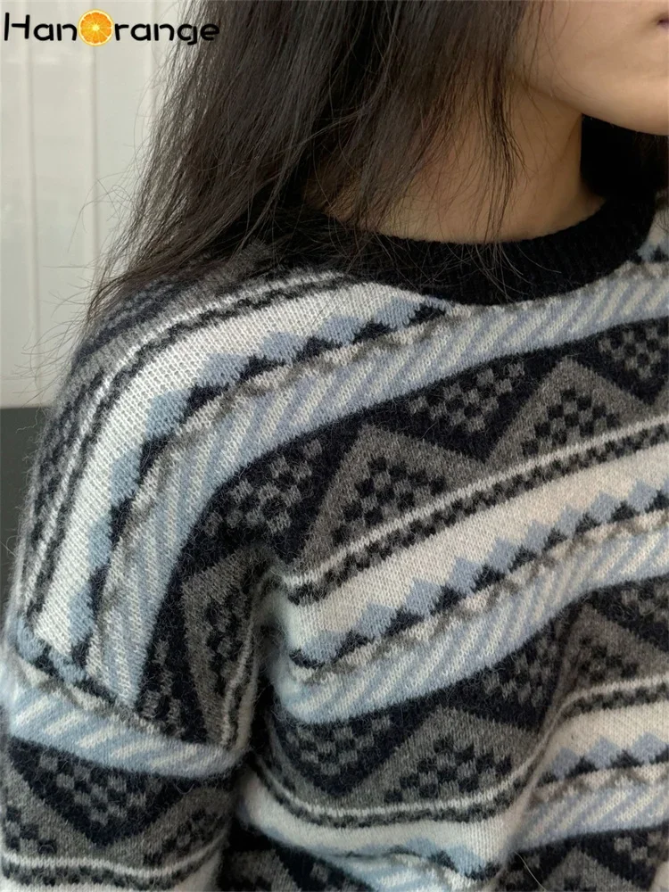 HanOrange 2024 зимний винтажный полосатый жаккардовый шерстяной свитер женский теплый