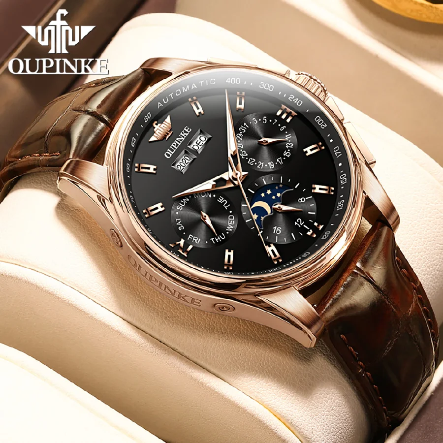 

Top Brand OUPINKE Luxury Mechanical Watch Men Automatic Brown Leather Casual Waterproof Sport Moon Phase Wristwatch Reloj Hombre