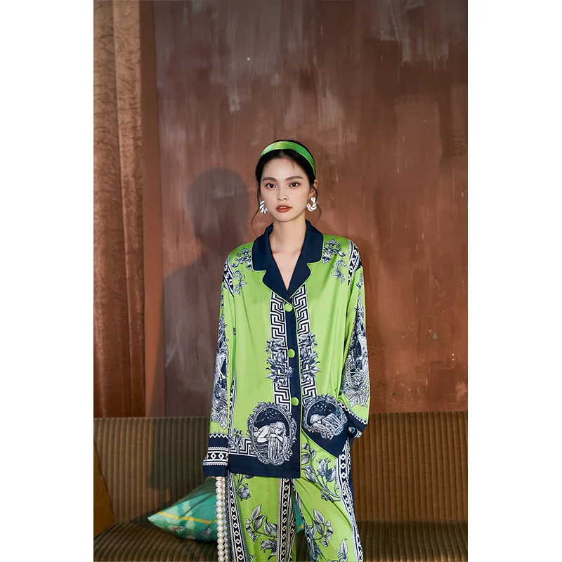 New Spring Women Satin Pajamas Set Long Sleeve Female Sleepwear 2 Pieces Pajama Sets Silk Pijama Lotus Print Pyjama Homewear