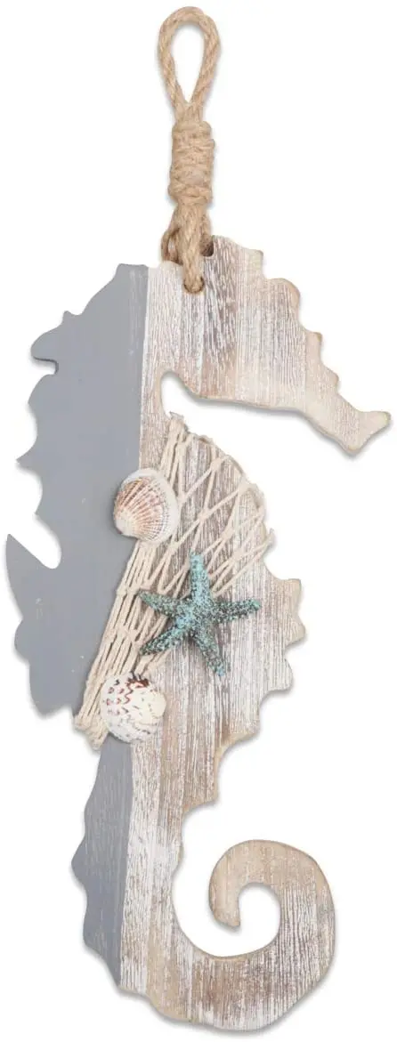 

30CM Wooden Decor Sea Horse with Starfish and Shells for Nautical Decor, Wall Decor Door Hanging Ornament Beach Theme Home Decor