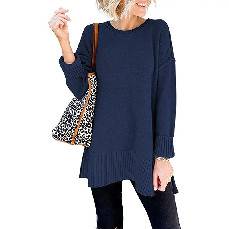

Women's Solid Color Loose Tops Long Sleeve Round Neck Sweaters