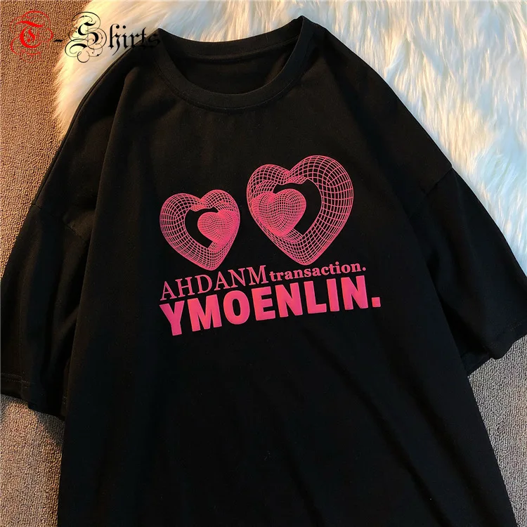 

Oversized T Shirt Top Women's Summer New Japanese Students Cute Heart Couple Short-sleeved Women Tshirt Print Short Sleeve Tees