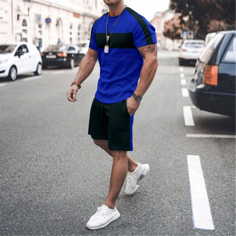 New Fashion Men's T-shirt Set Solid Color Panel Pattern 3D Printed Short Sleeve T-shirt Shorts Plus Size Casual Summer Set