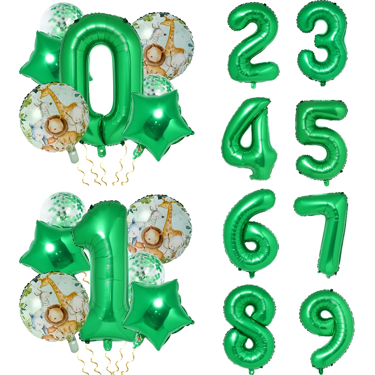 Набор воздушных шаров 0-9 с животными и зелеными цифрами
