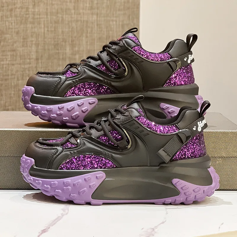 6cm Genuine Leather 2023 Synthetic Sequins Platform Wedge Chunky Sneakers Mixed Color Casual Comfy Lady Hidden Heel Female Shoes