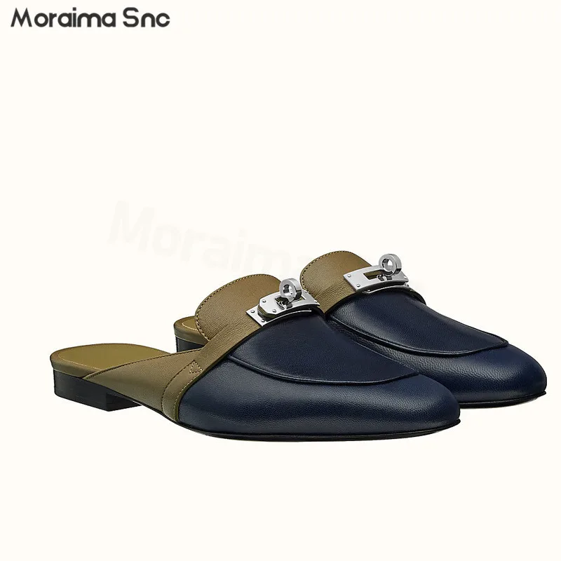 Metal Buckle Baotou Muller Slippers New Leather Low Heel Round Toe Backspace Slippers Casual Comfortable Fashion Women's Shoes