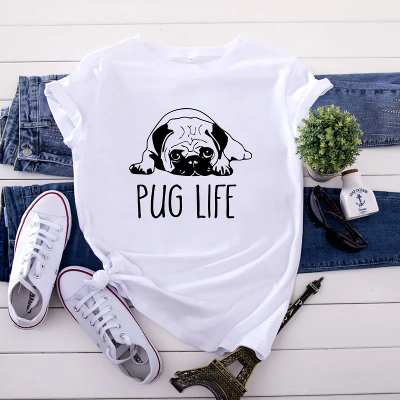Летняя Хлопковая женская футболка 5XL с рисунком мопса Life коротким рукавом и
