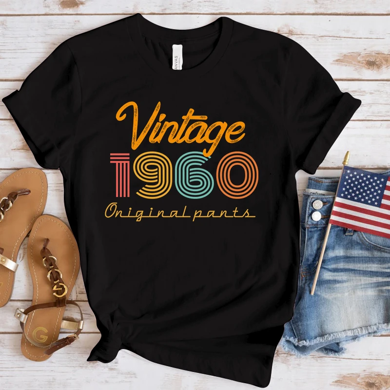 

(Premium T-shirt)Vintage 1960 Letter Print T Shirts With Funny Saying Girls And Women'S Fashion Graphic Tee Black T Shirt