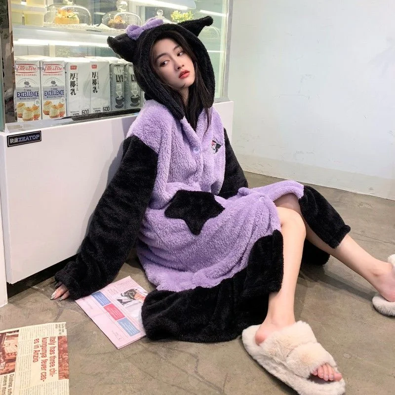 

2023 Winter Sanrios Women Flannel Plush Hooded Bathrobe Cute Kuromi Cinnamoroll My Melody Warm Nightgown Pajama Pants Set