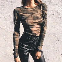 camouflage t shirts womens casual tops o neck mesh pullover long sleeves short shirts for women camo see through crop top