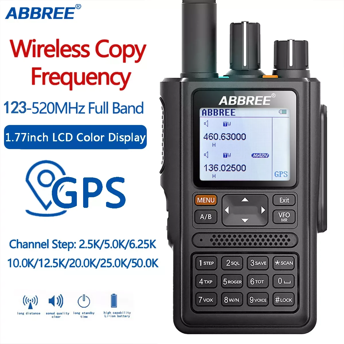 AR-F8 Automatic copy frequency 123-520mhz full band  with 999CH SOS LCD Color Amateur Ham GPS Two Way Radio Walkie Talkie