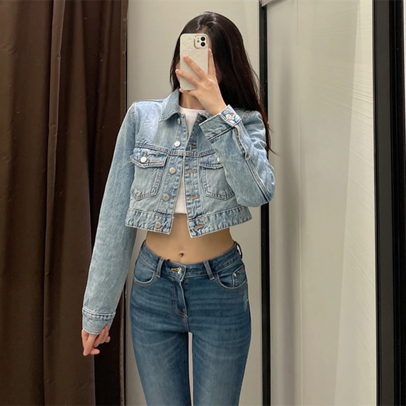 

Женская короткая джинсовая куртка, однобортная куртка в стиле ретро с отложным воротником и длинным рукавом, осень 2022