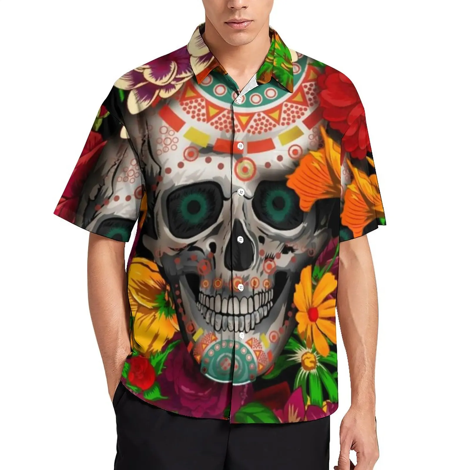 

Smiling Sugar Skull Casual Shirt Day of The Dead Flower Print Beach Loose Shirt Hawaiian Trendy Blouses Design Oversize Clothes