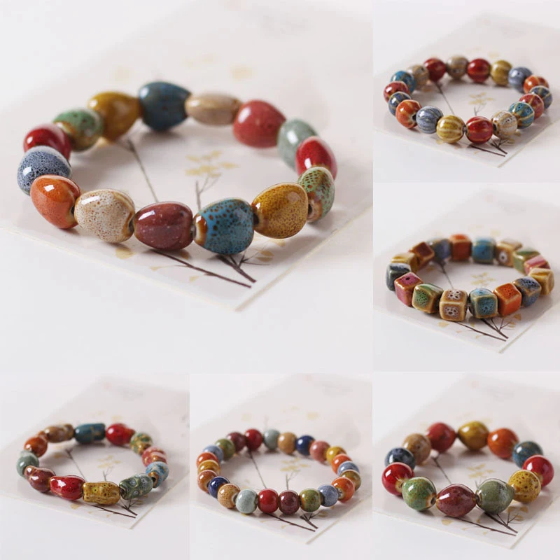 

Ethnic Style Fashion Glaze Ceramic Beaded Dainty Bracelets Strand Bracelet Multicolor Elastic Loves' Gifts 1 Piece