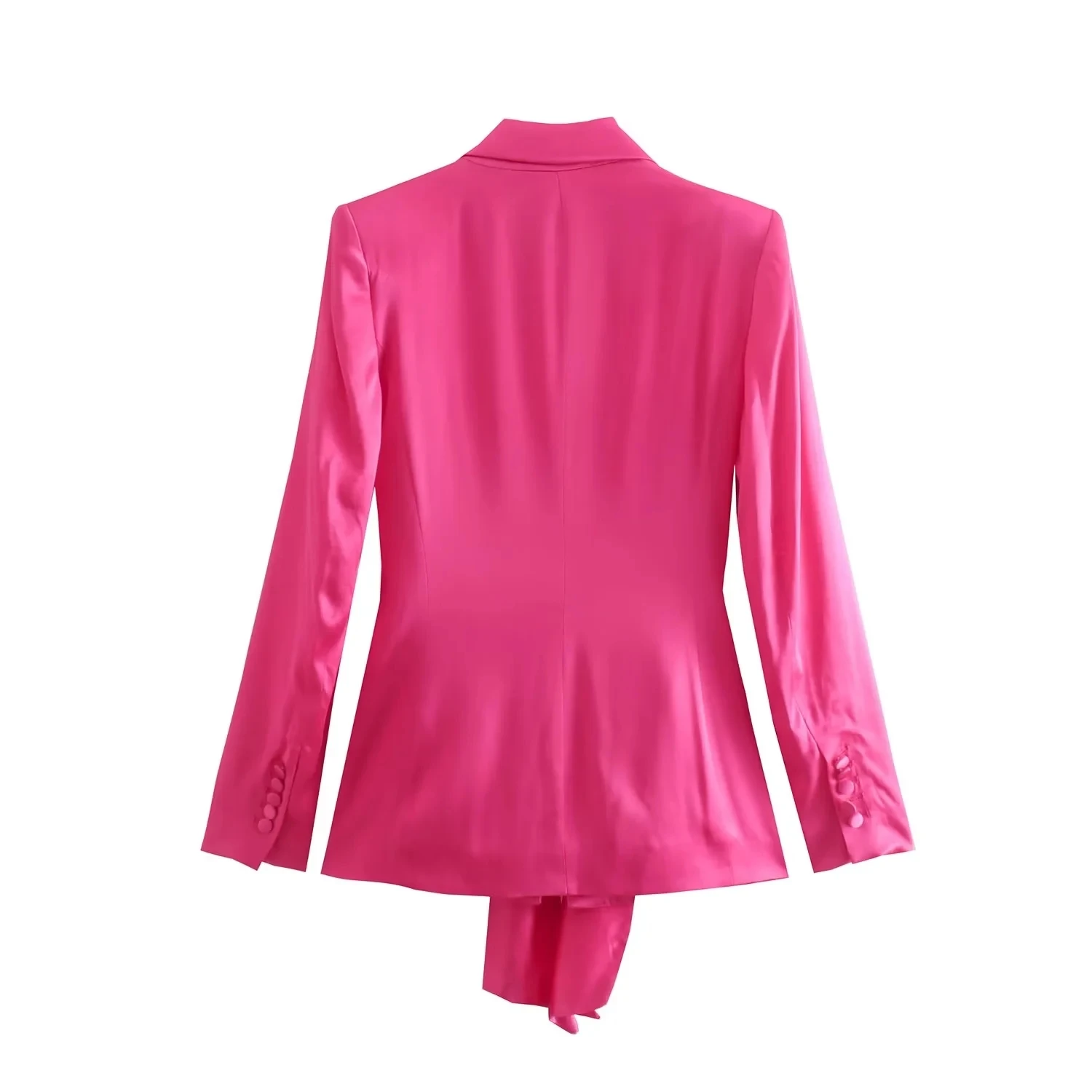 Maxdutti England Style Rose Color Fashion Satin Silk Blazers Tops  Sashes Notched Jackets Women