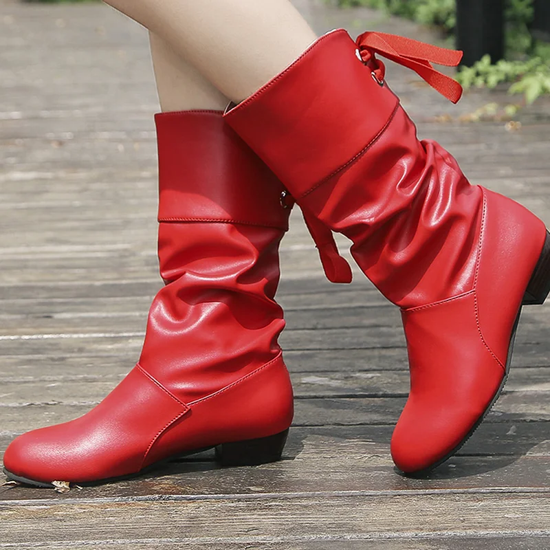 Plus Size 35-43 Women Knee-High Boots Back Lace Up Low Heels Winter Shoes Black Boot White Botas Mujer Female Snow Boot Red