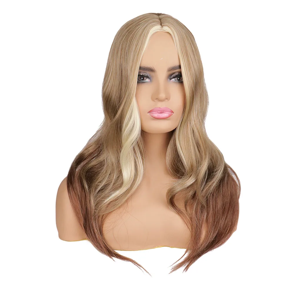 

WHIMSICAL W Brown Mixed Blonde Synthetic Wigs Middle Part Natural Wavy Hair Wig for Black Women Daily Heat Resistant Fibre