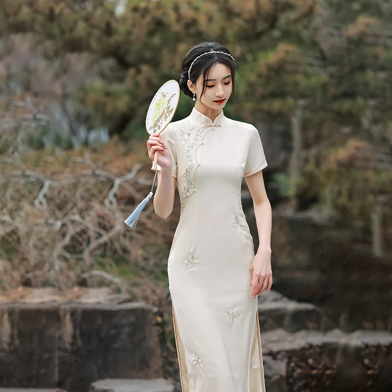 Женское приталенное платье-Ципао бежевое винтажное платье средней длины с