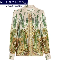 nianzhen real silk satin long sleeves solid chic blouse 2022 new fashion brown print spring autumn office lady shirt 65060