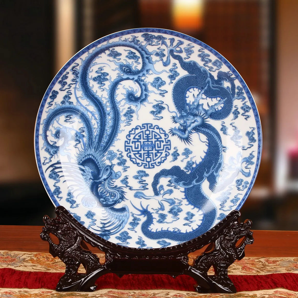 Синяя и белая тарелка для сиденья с изображением дракона феникса подвесная