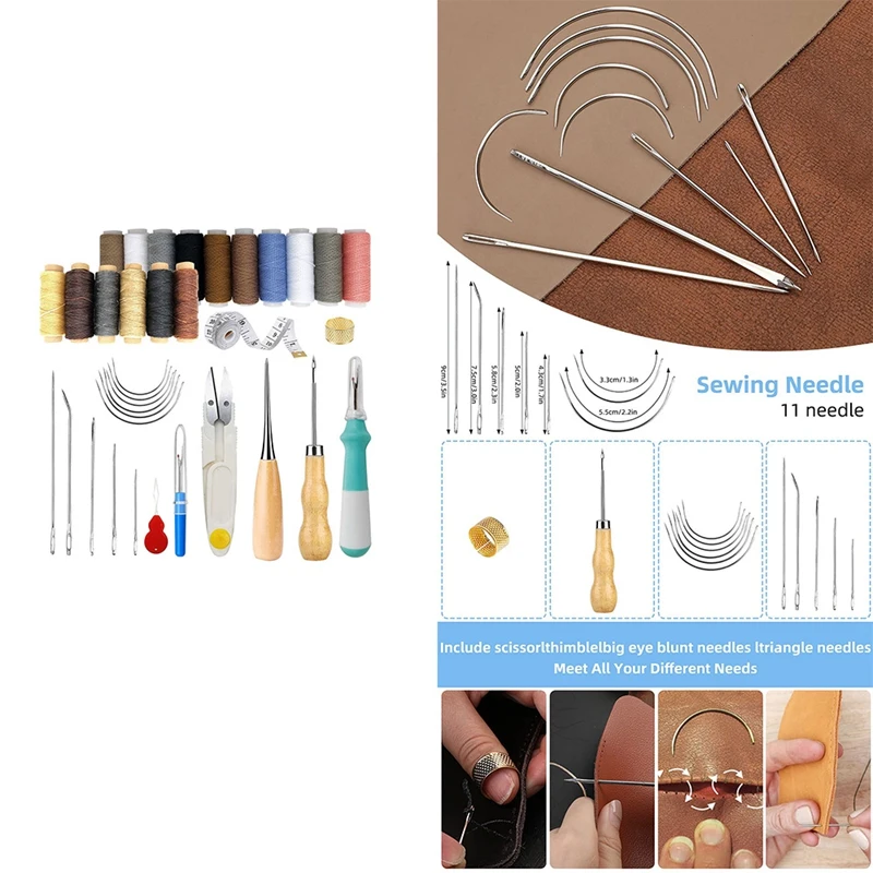

34 PCS Basic Leather Sewing Kit: Upholstery Thread Cord, Leather Waxed Thread with Sewing Awl, Seam Ripper