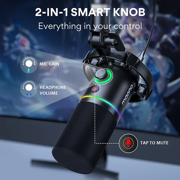 Фото Профессиональный динамический микрофон MAONO XLR с USB-подключением, программным эквалайзером, звуковой картой, наушниками и динамиком в комплекте для подкастов и игр №5